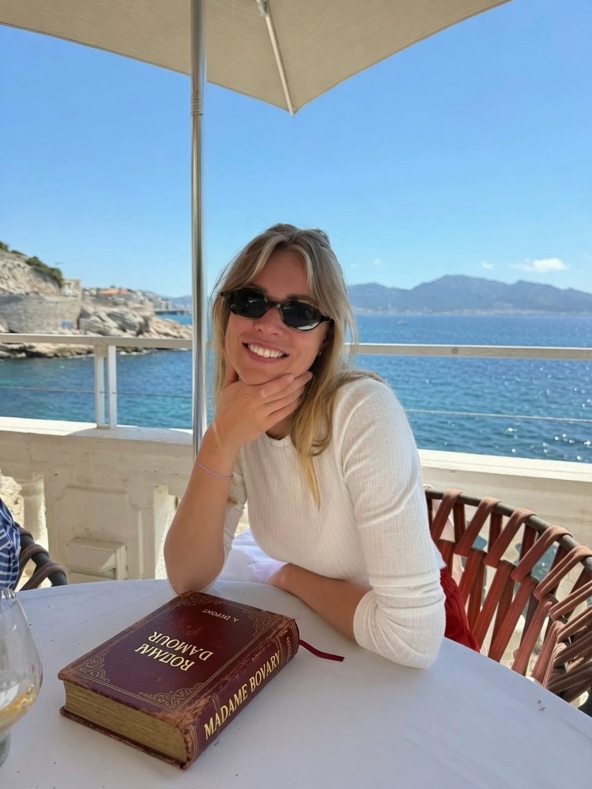 Laura an der Küste von Marseille, auf dem Tisch „Madame Bovary“